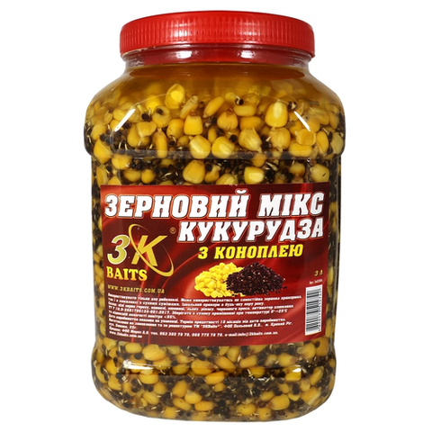  Прикорм 3-K Baits зерновий мікс Кукурудза (з коноплею), 3л