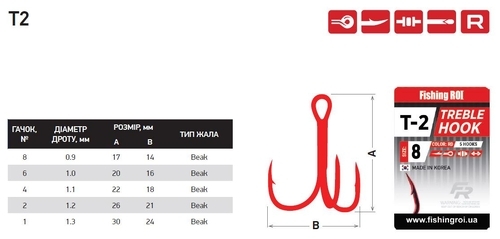 Трійник Fishing ROI Treble Hook T-2 RED №1 (5шт)