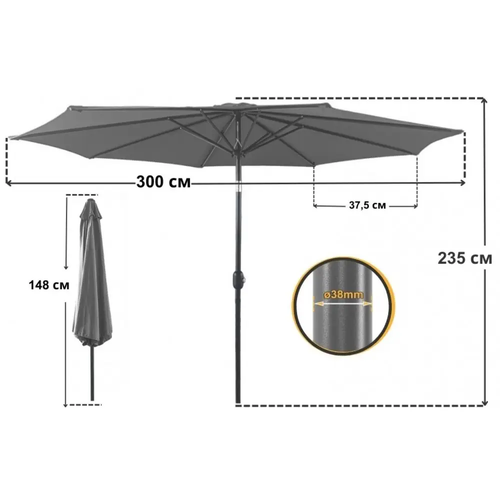 Парасоля садова регульована з нахилом сіра Bonro B-016 3м 8 спиць