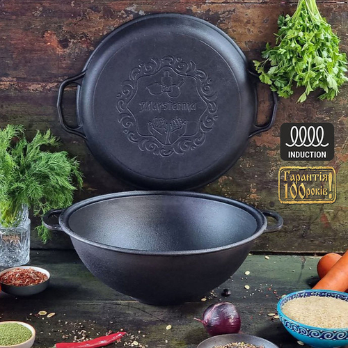 Казан 8л, Ø34см,вага 9,79кг, чавунний узбецький WOK, кришка-сковор. чавун (Т405СР)