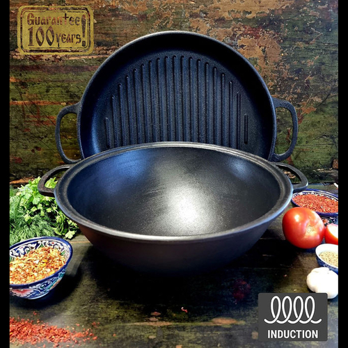 Казан 8л, Ø34см,вага 11кг, чавунний узбецький WOK, кришка-сковор. гриль (Т405СРGr)