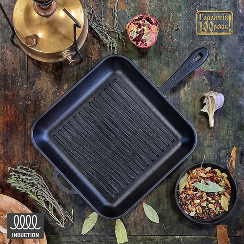 Сковорода 28x28см, глибина 4см,вага 3,9кг, чавунна квадр. гриль (280-280-40MRgrill)