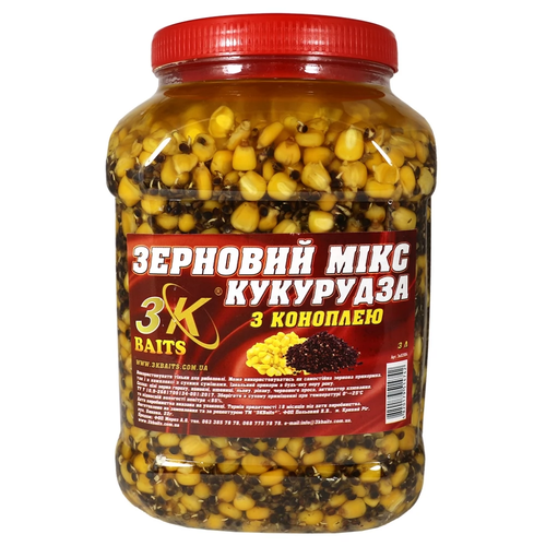  Прикорм 3-K Baits зерновий мікс Кукурудза (з коноплею), 3л