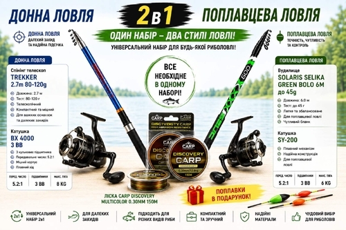  Вудлище Solaris Selika Green Bolo 6 м   проти  Спінінг телескоп Trekker 2.7 м  2в1